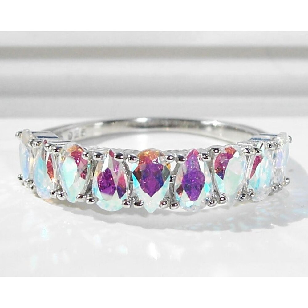 925 STERLING SILVER Aurora Borealis Cubic Zirconia Band Ring - Picture 3 of 16